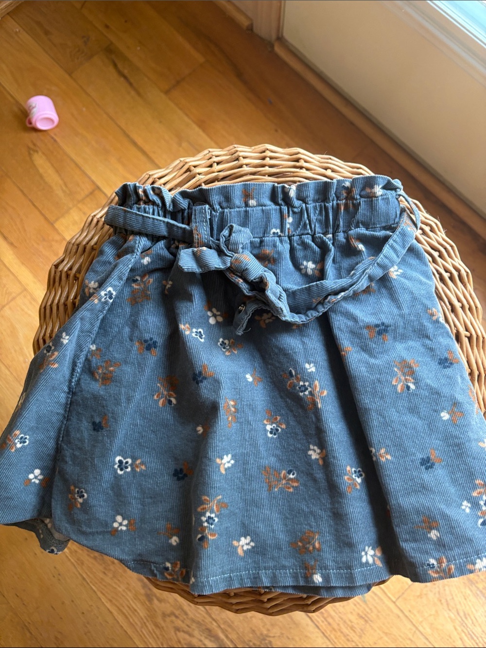 Blue Floral Corduroy Skirt with Waist Tie